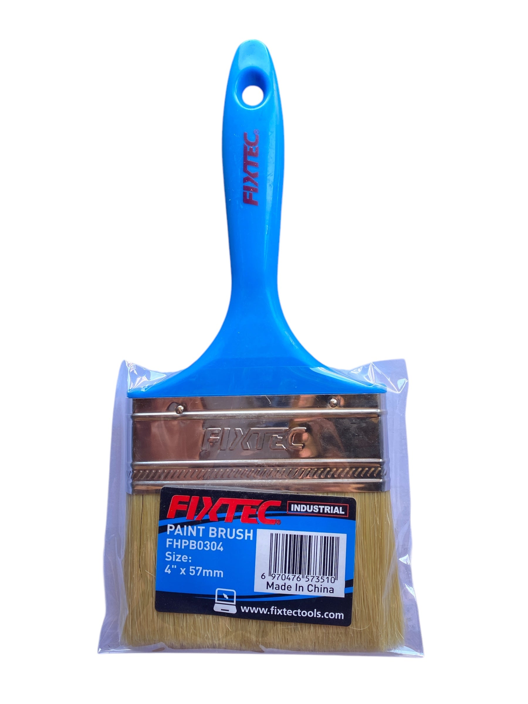 Blue paint brush with 'Fixtec' branding in packaging on a white background