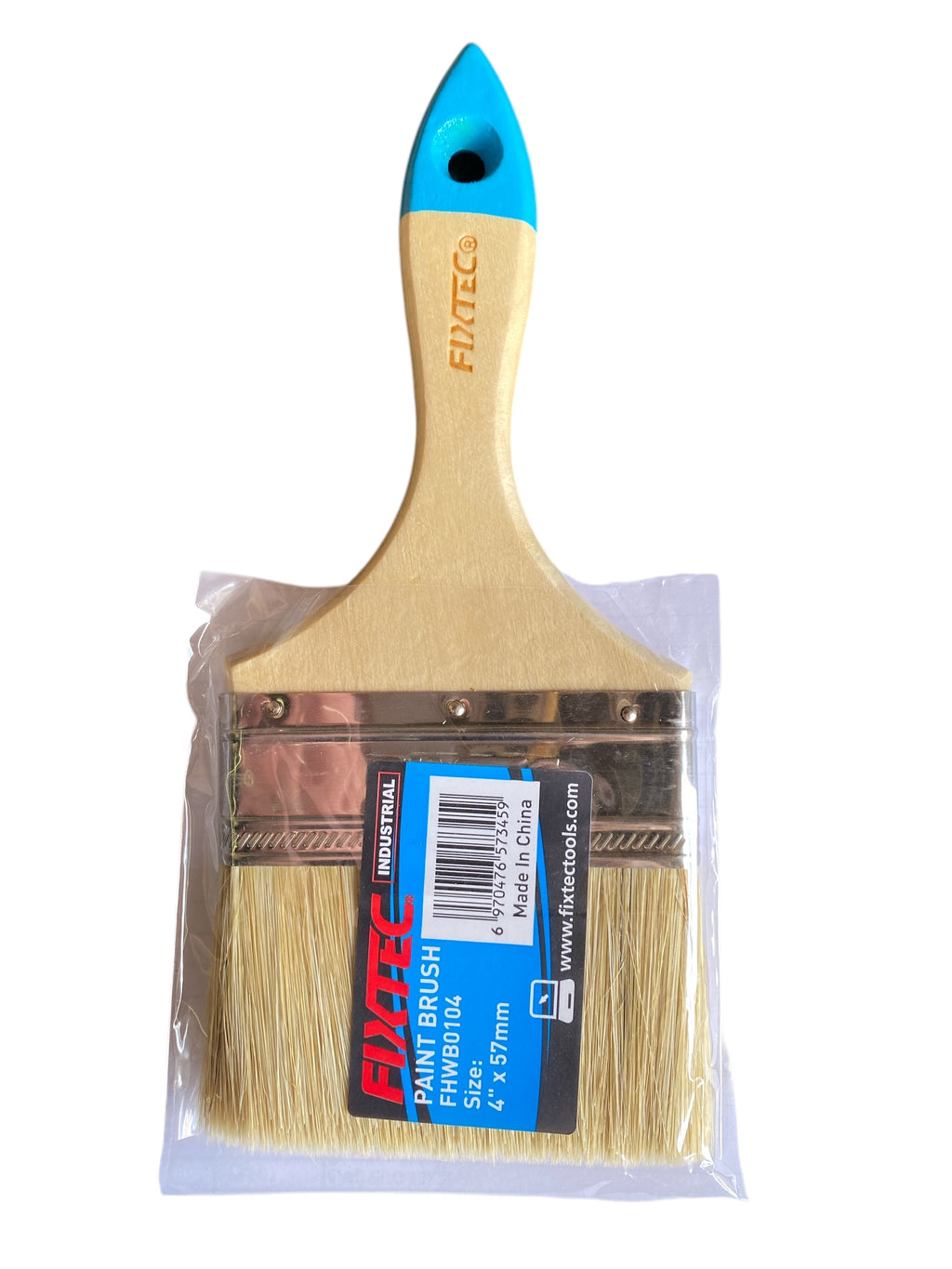 Paint brush with wooden handle and blue tip, packaging visible, on a white background