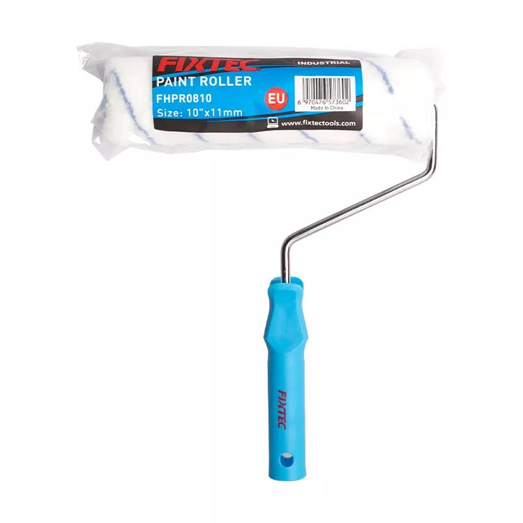 Paint roller with blue handle and white sleeve, branded 'Fixtec', on a white background