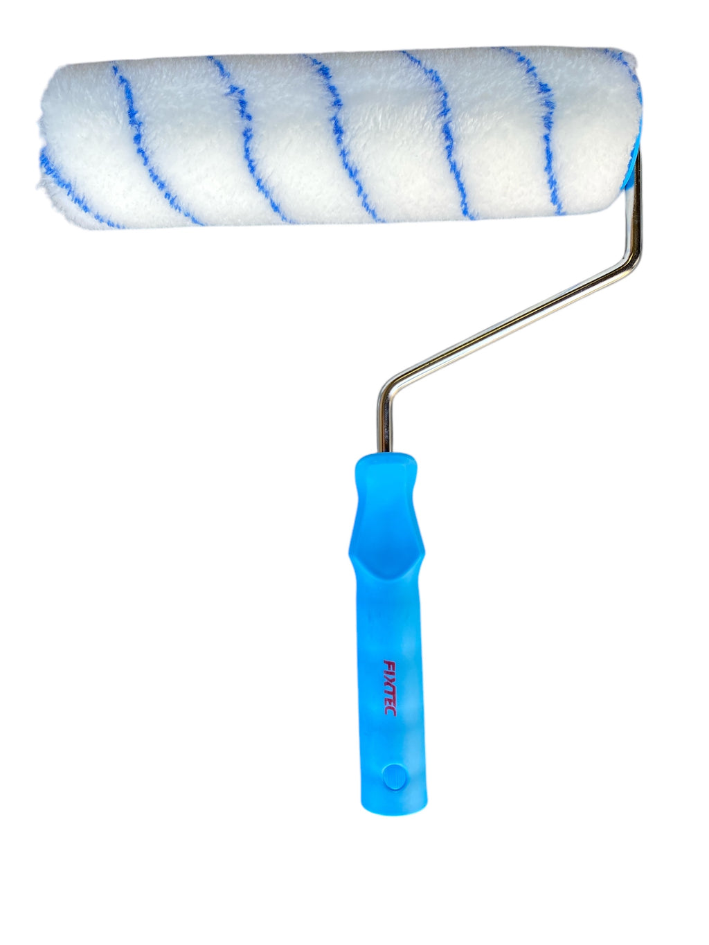 Paint roller with blue handle and white roller sleeve on a white background