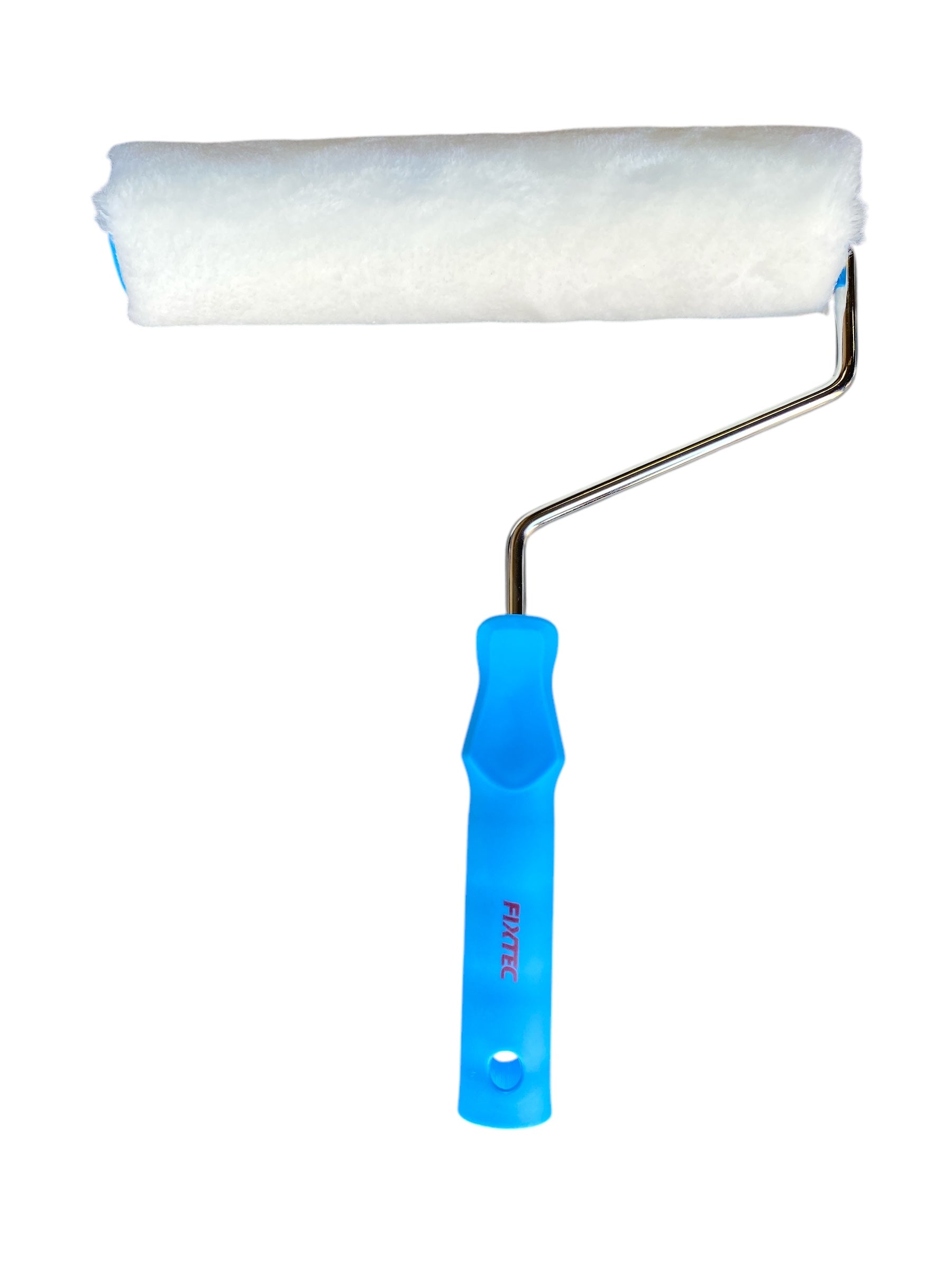 Paint roller with blue handle on a white background
