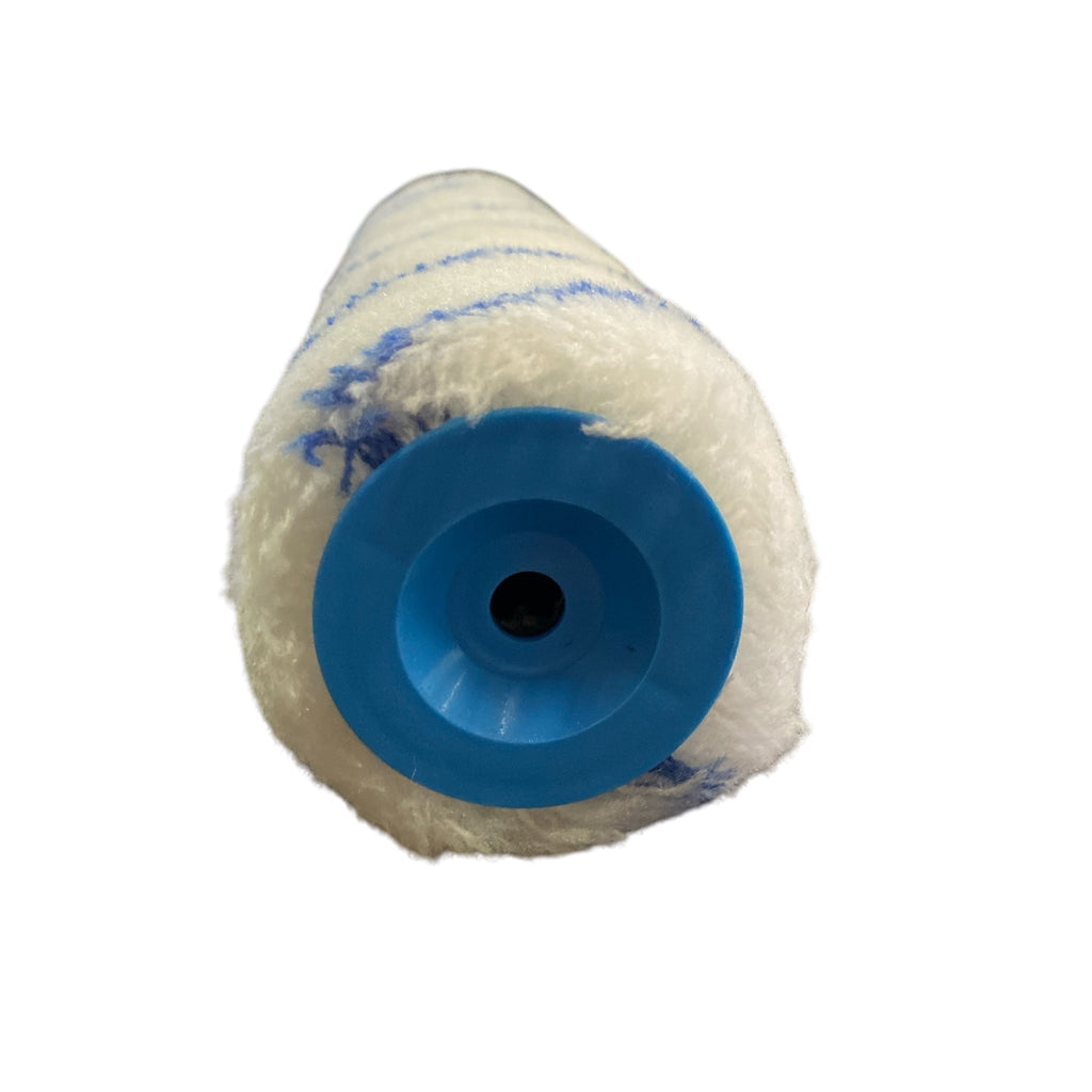 Paint roller with blue handle on a white background