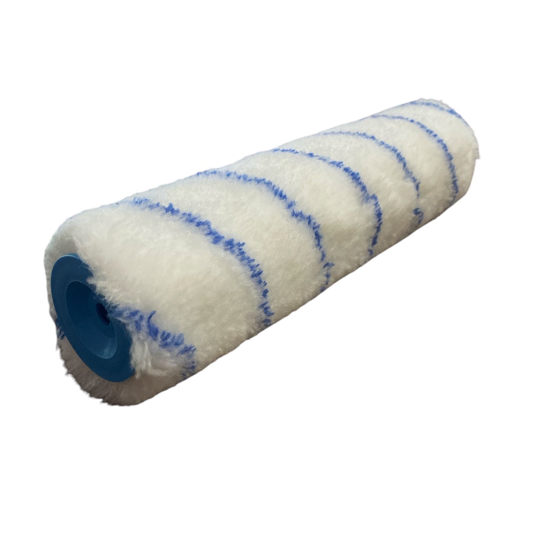 Paint roller with blue and white bristle pattern on a white background