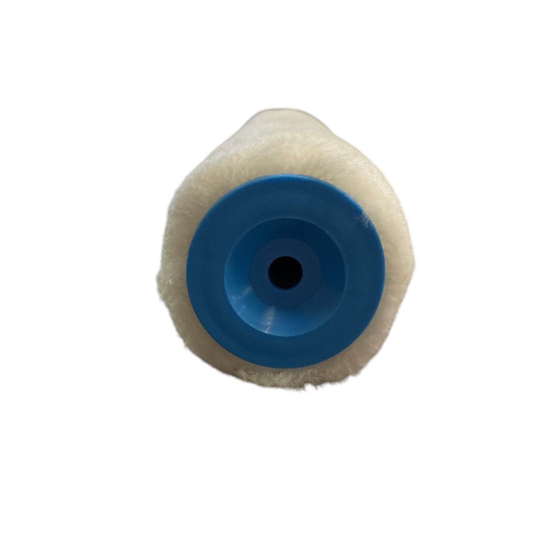Cylindrical brush with blue center and white bristles on a white background
