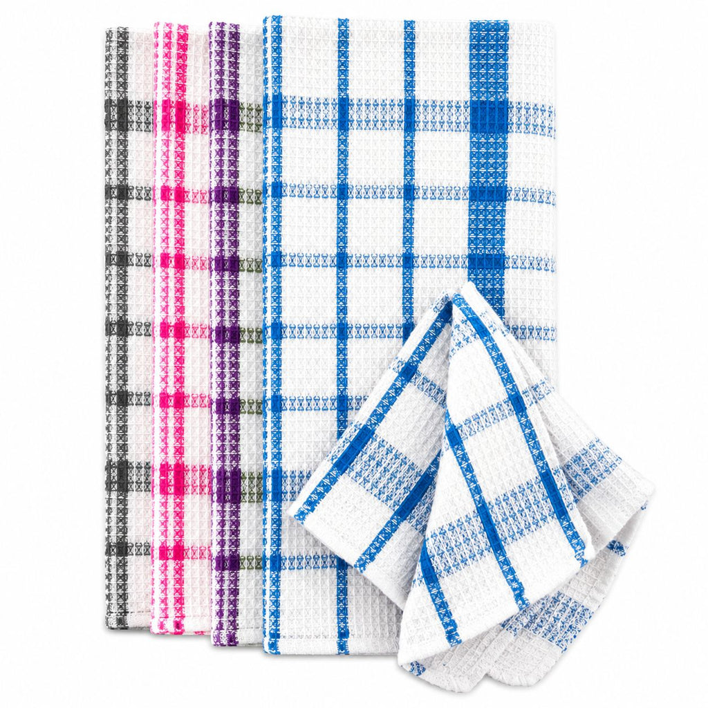 Set of plaid towels in various patterns on a white background