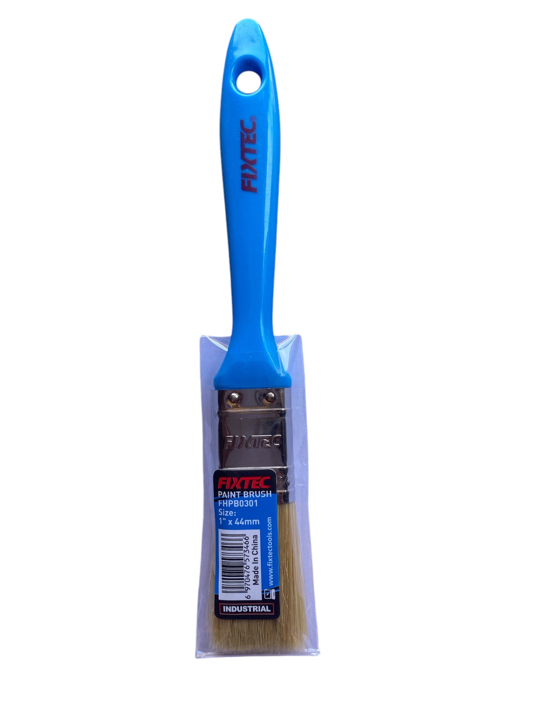 Paint brush with blue handle and clear packaging on a white background