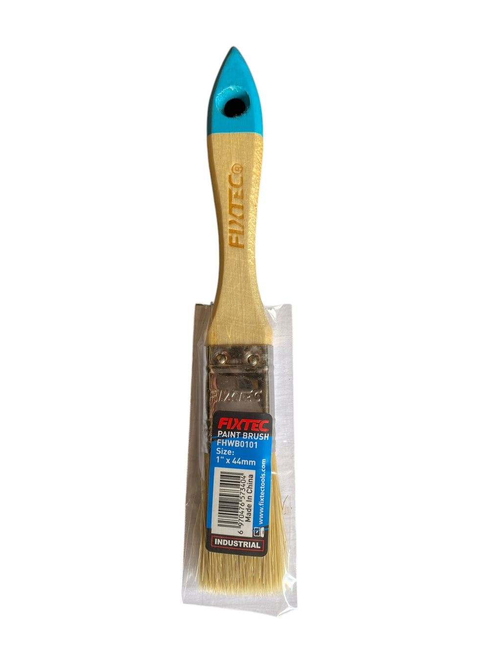 Paint brush with blue ferrule and wooden handle in packaging on a white background