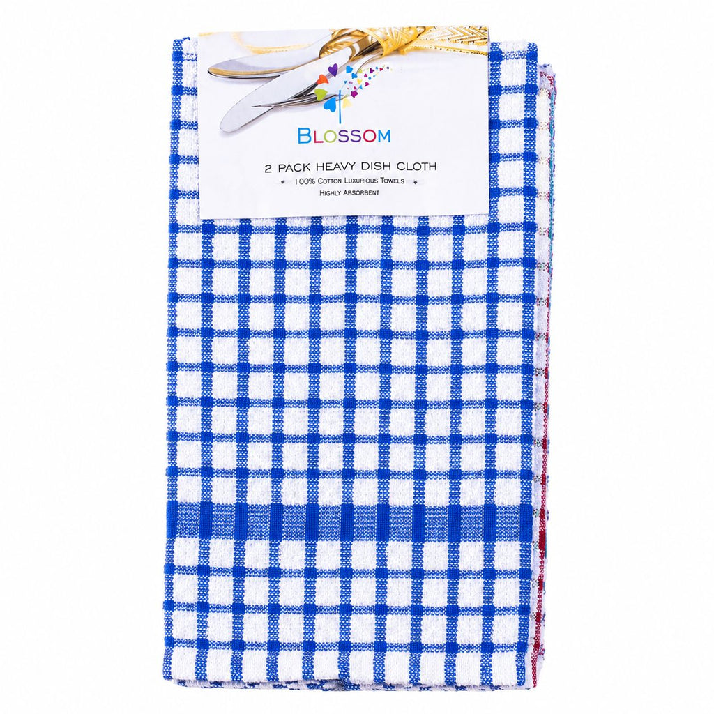 Pack of two blue and white checkered dish cloths with 'Blossom' branding on a white background.