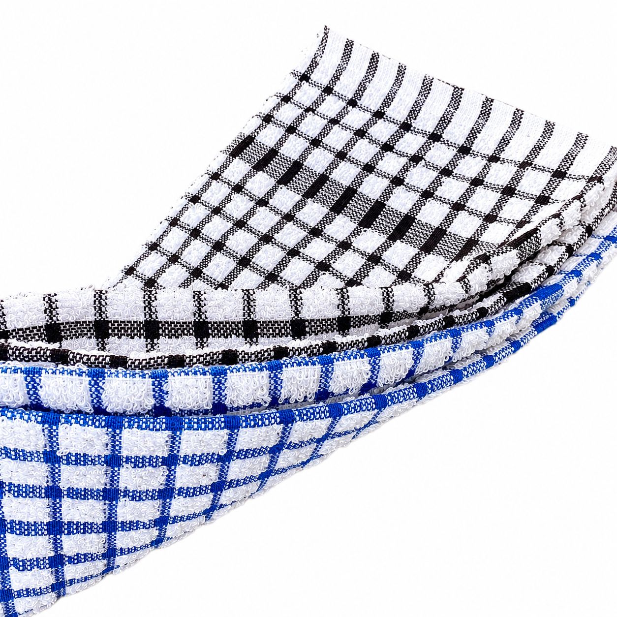 Close-up of black and white checkered fabric with blue and white checkered fabric on a white background