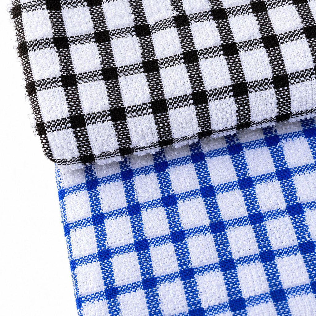 Two checkered towels, one black and white, one blue and white, on a white background.