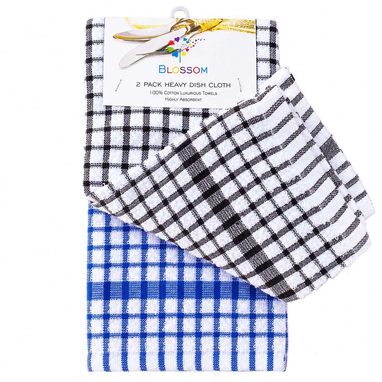 Two checkered dish cloths in black and white, and blue and white, with a 'Blossom' brand label on a white background.