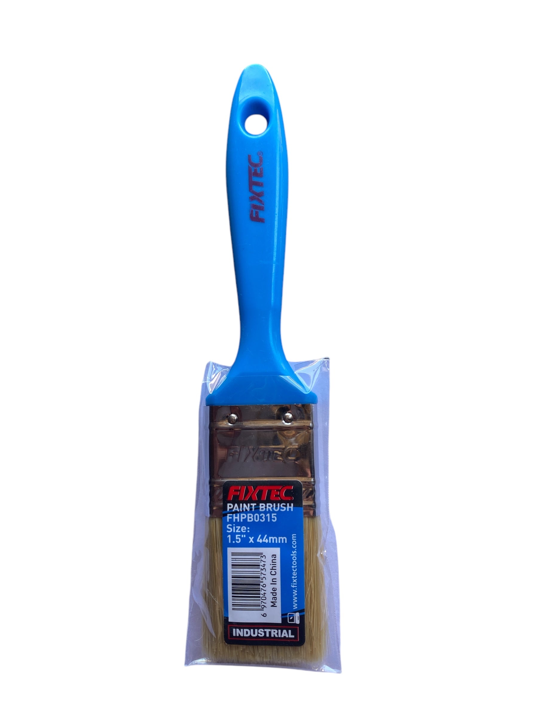Paint brush with blue handle and packaging on a white background