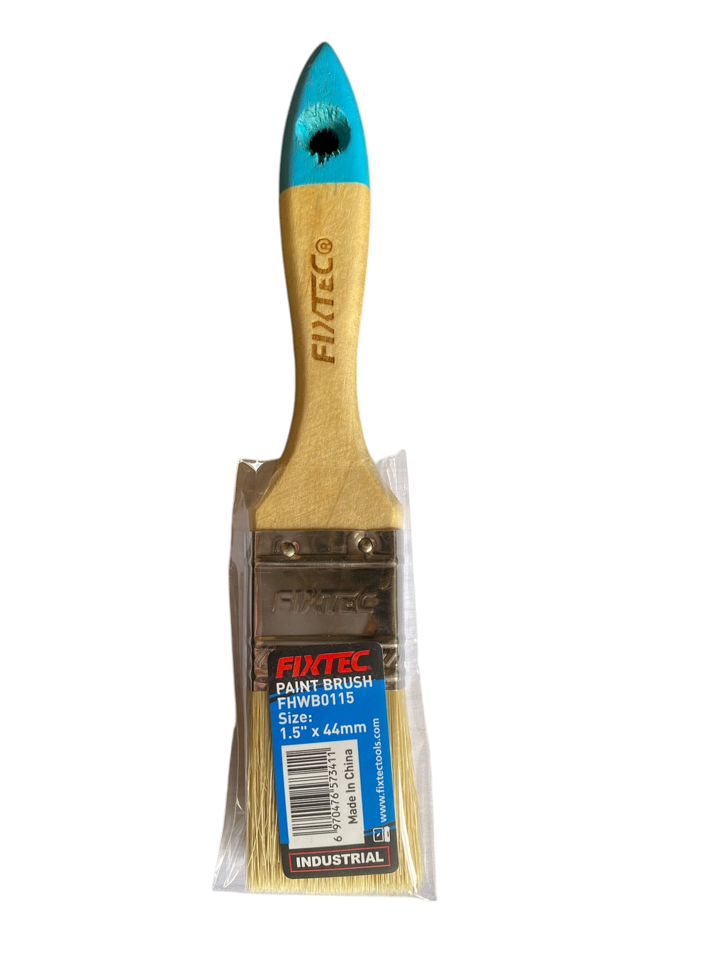 Paint brush with blue ferrule and wooden handle in packaging on a white background