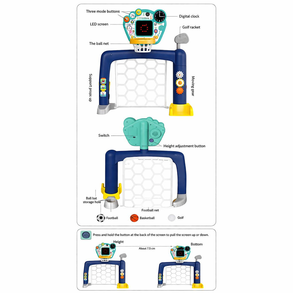 Children's toy sports goal with various features and controls on a white background