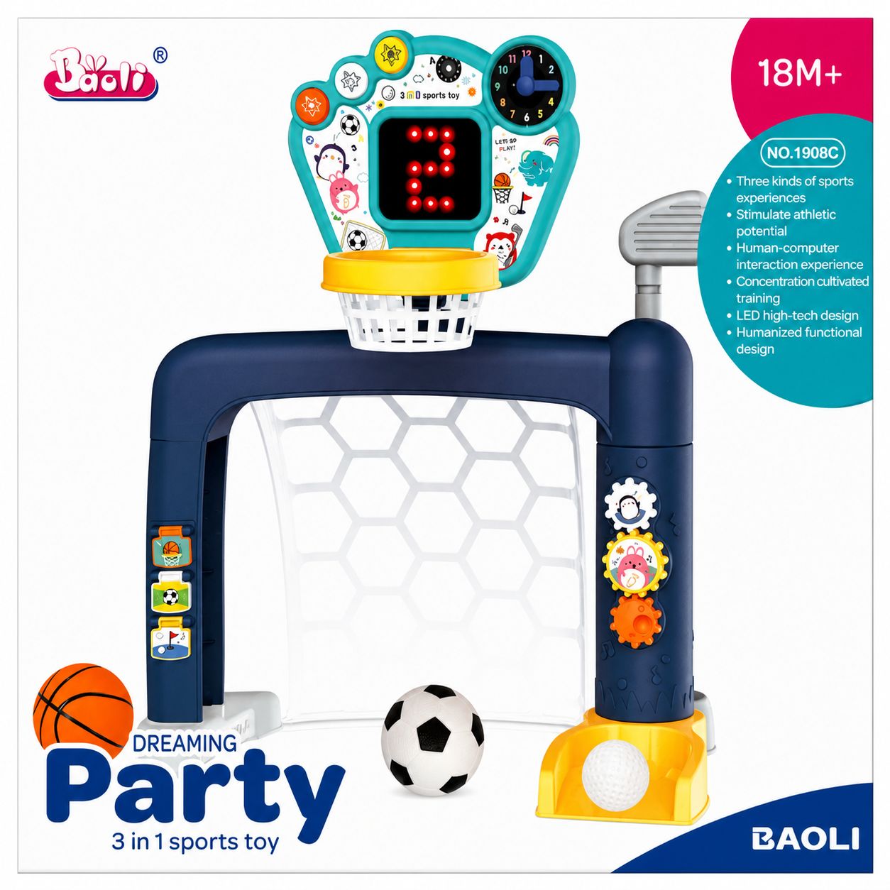 3-in-1 sports toy with basketball hoop, soccer goal, and football on a white background