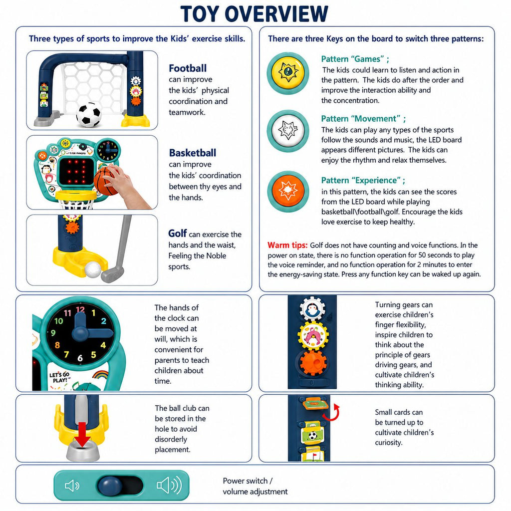 Toy overview with features and benefits on a white background