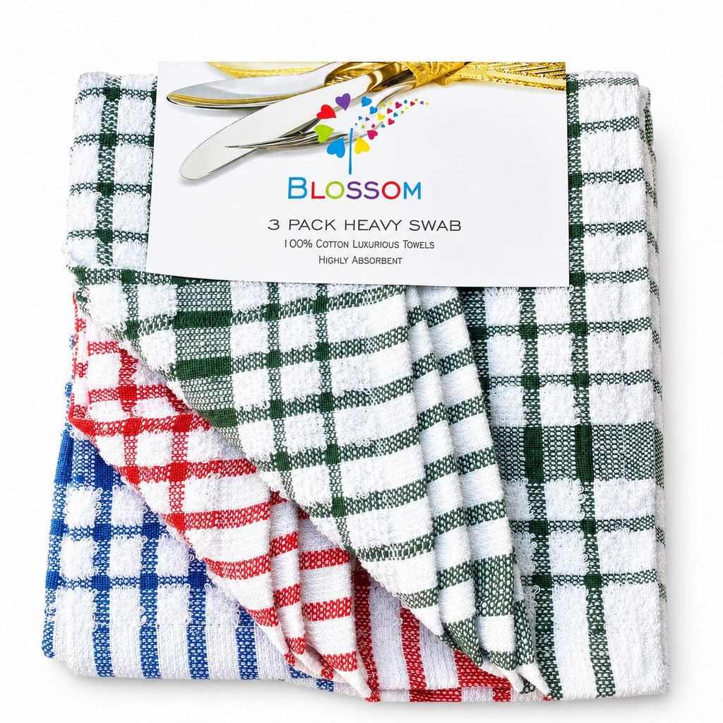 Pack of three checkered towels with a 'Blossom' brand label on a white background