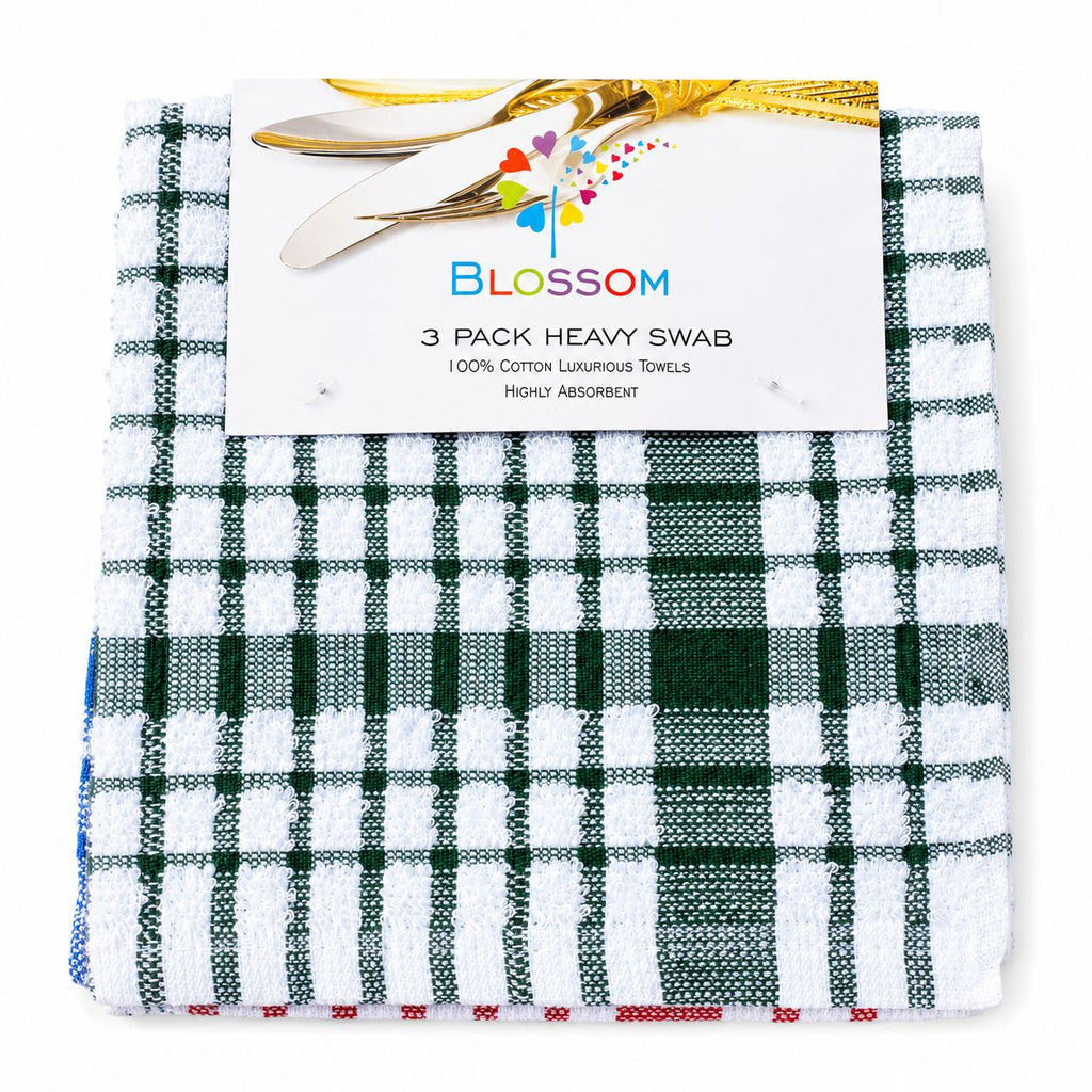 Pack of three plaid towels with a 'Blossom' brand label on a white background