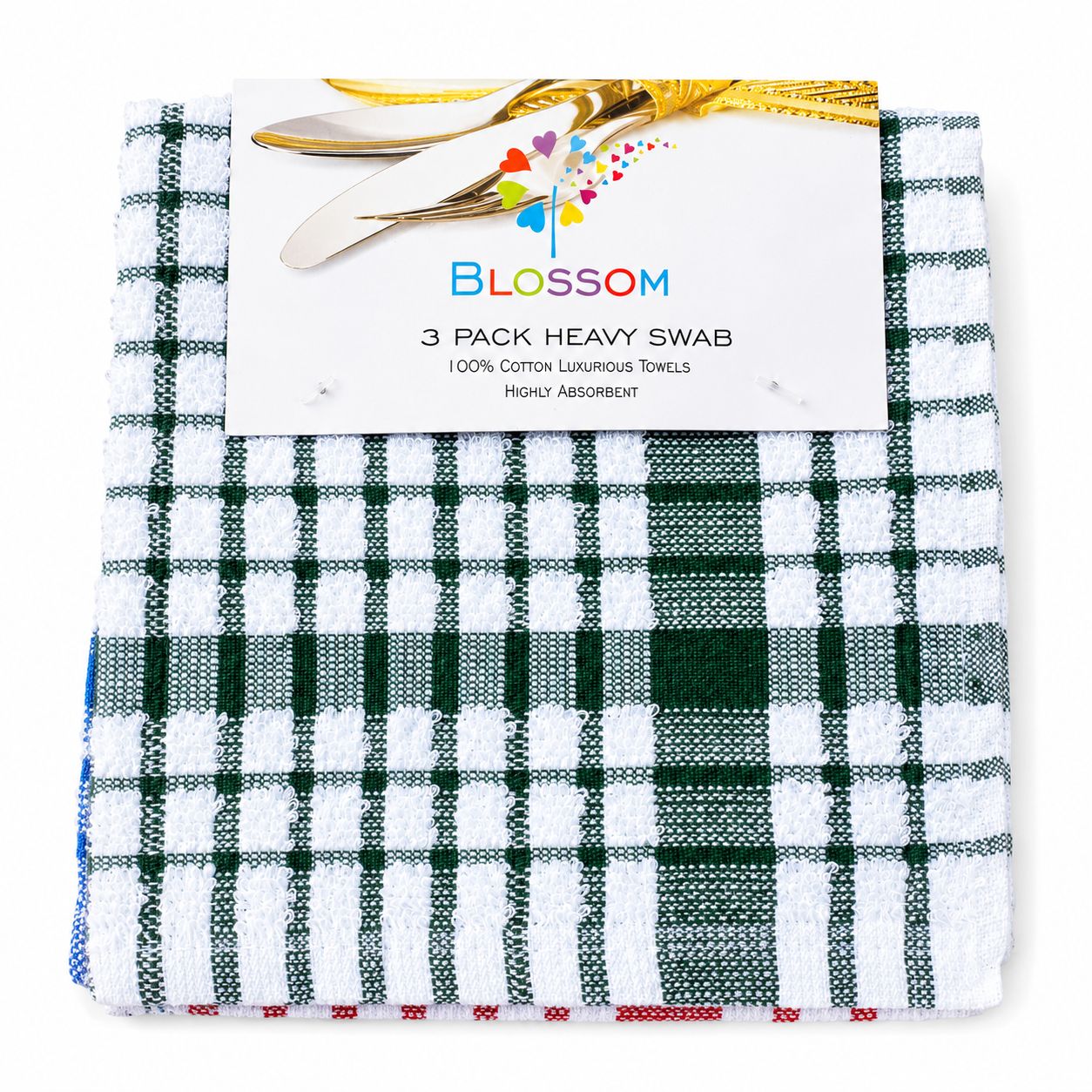 Pack of three plaid towels with a 'Blossom' brand label on a white background