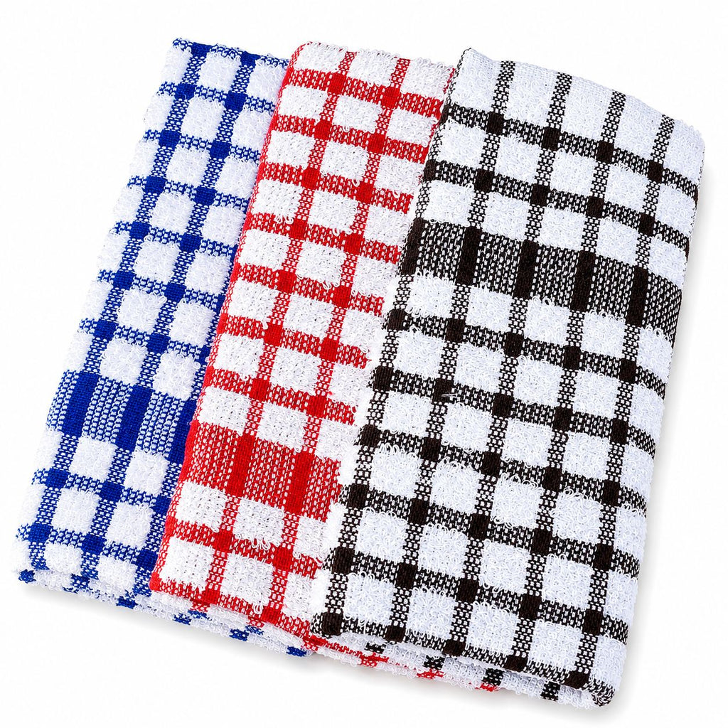 Three plaid kitchen towels in blue, red, and black patterns on a white background