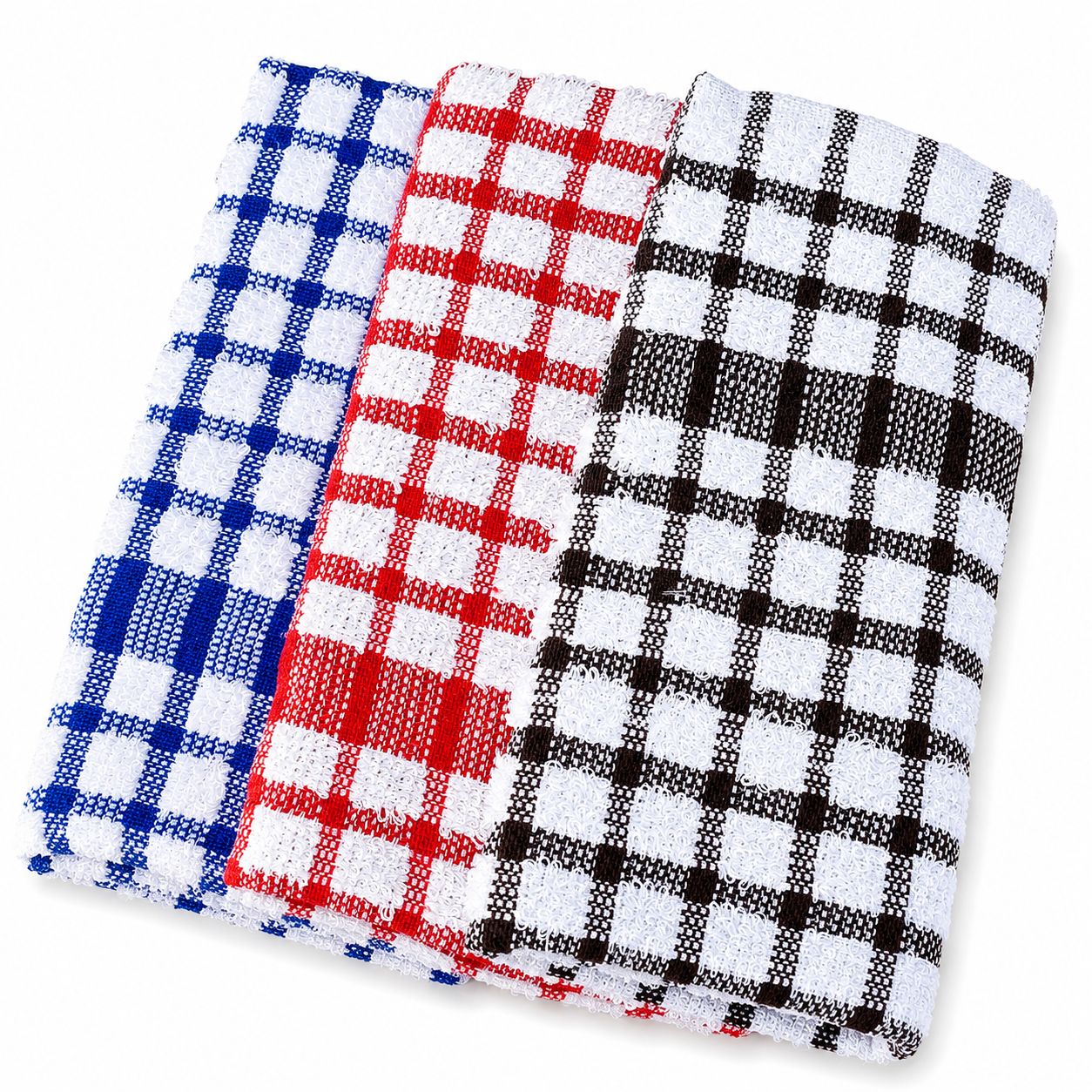 Three plaid kitchen towels in blue, red, and black patterns on a white background