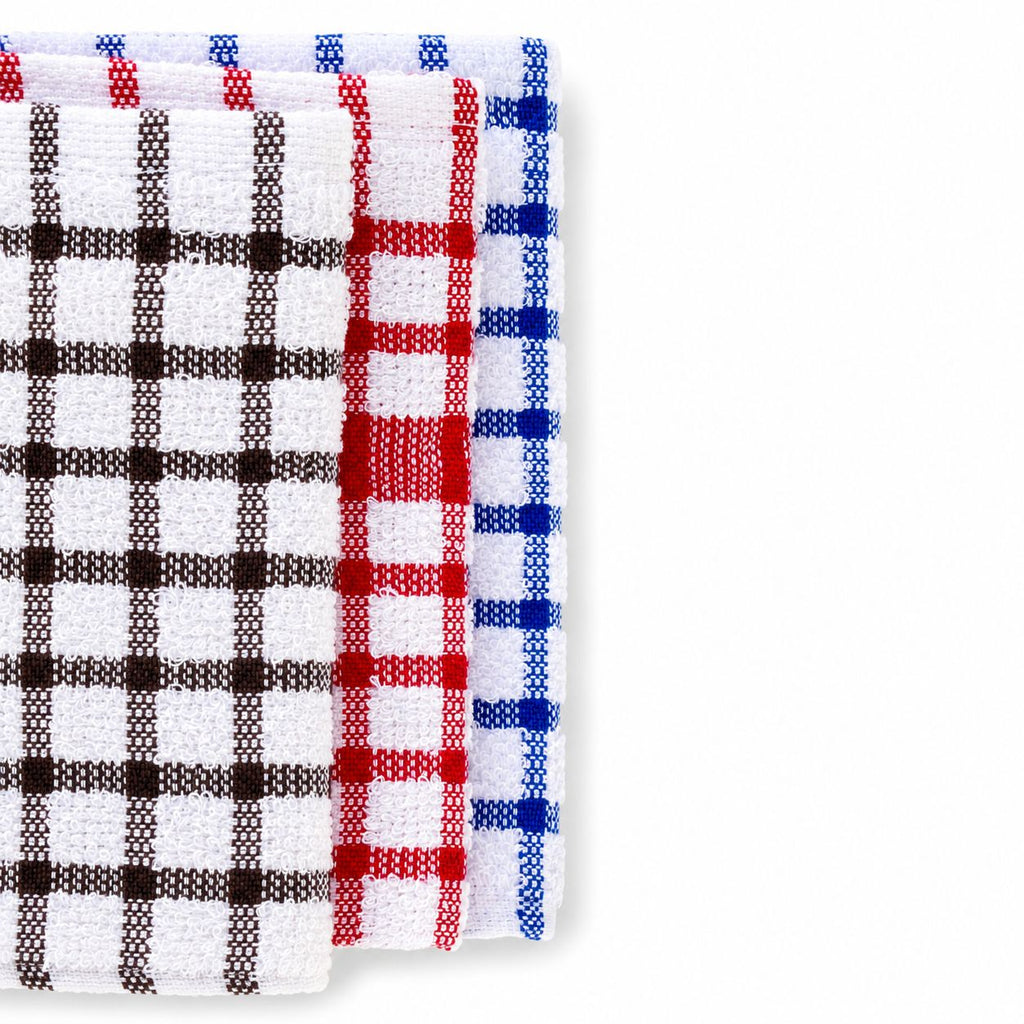 Set of three checkered towels in black, red, and blue on a white background