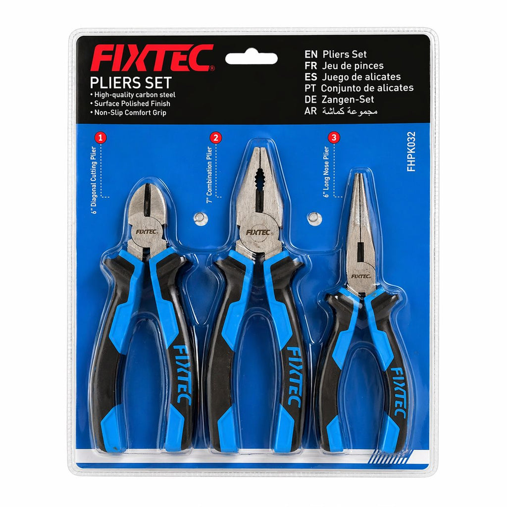 FIXTEC pliers set packaging with three pairs of pliers on a blue background