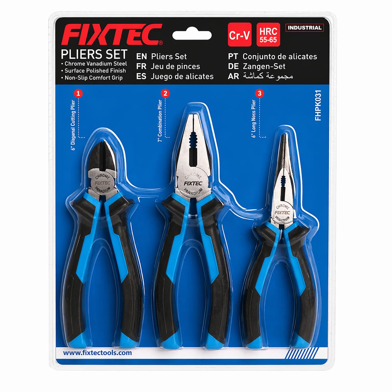 Packaged set of Fixtec pliers with blue and black handles on a white background