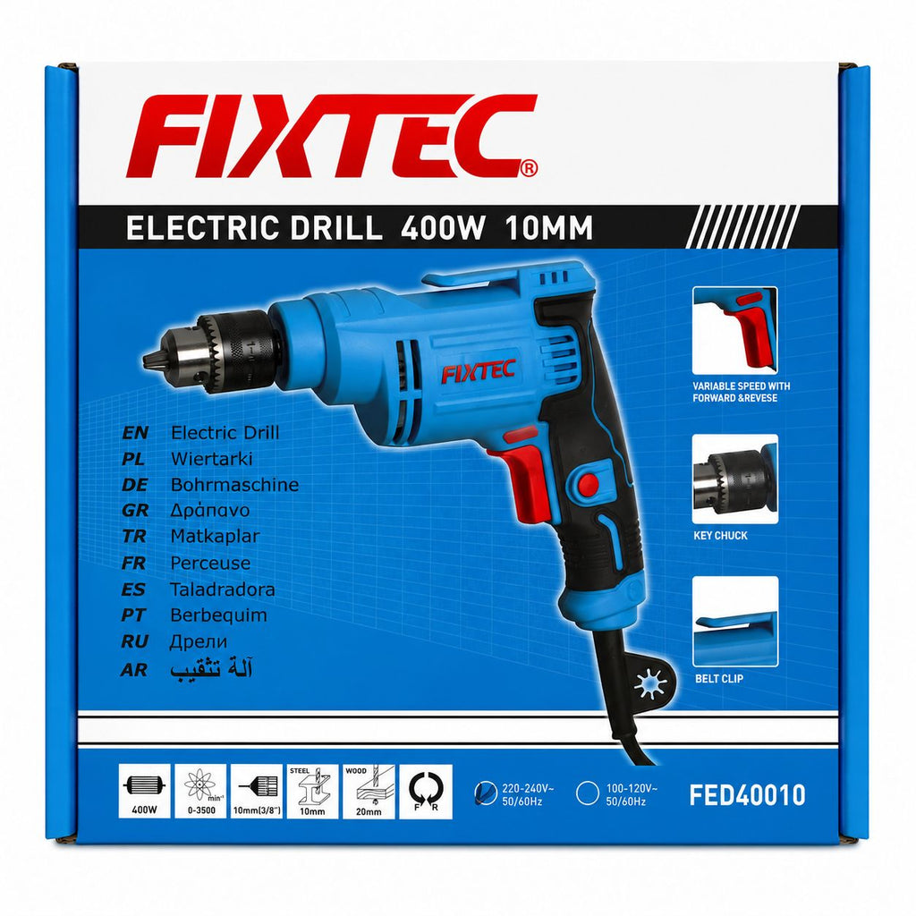 FIXTEC electric drill packaging with blue and red design