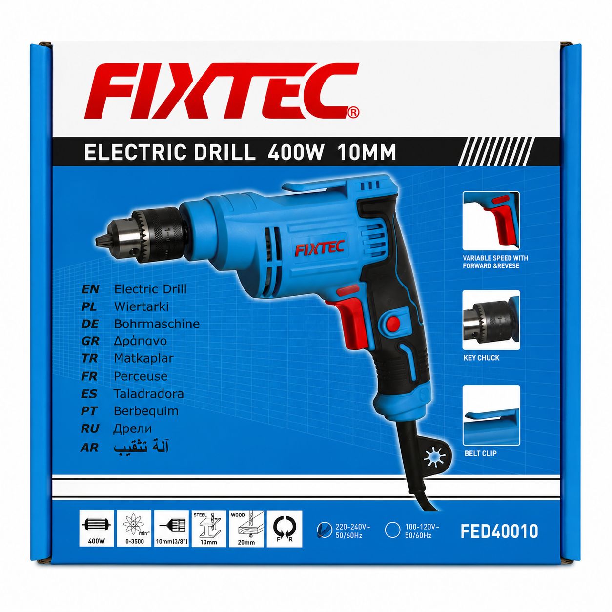 FIXTEC electric drill packaging with blue and red design