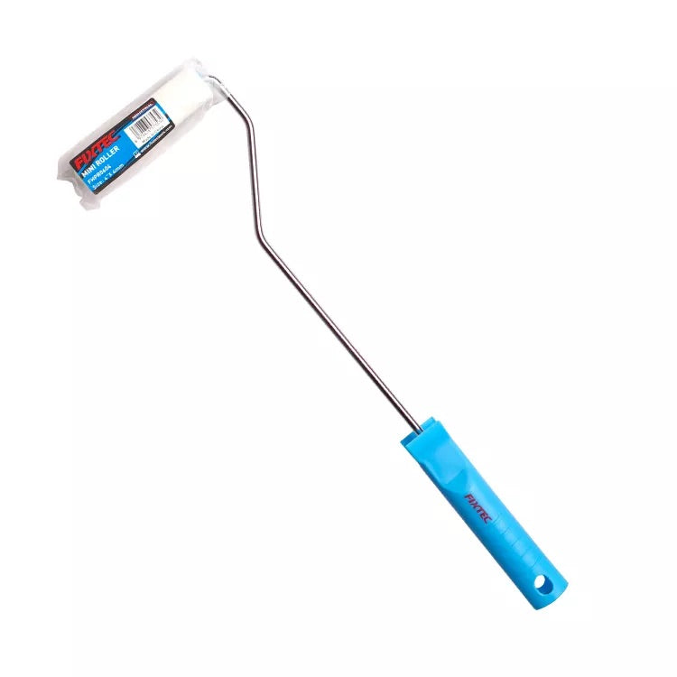 Paint roller with blue handle on a white background