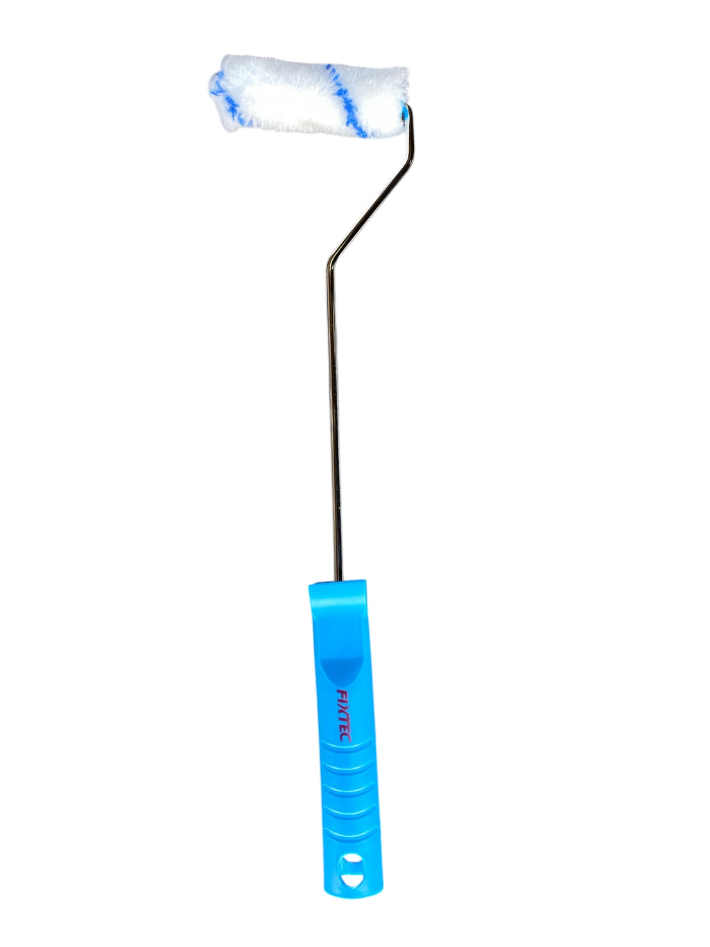 Paint roller with blue handle and white roller sleeve on a white background