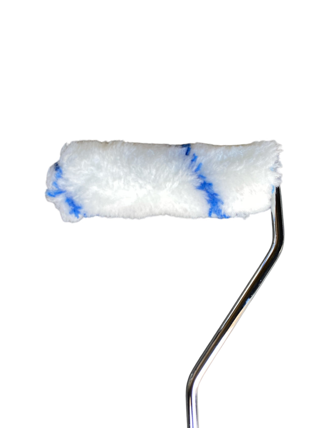Paint roller with white and blue bristle head on a white background