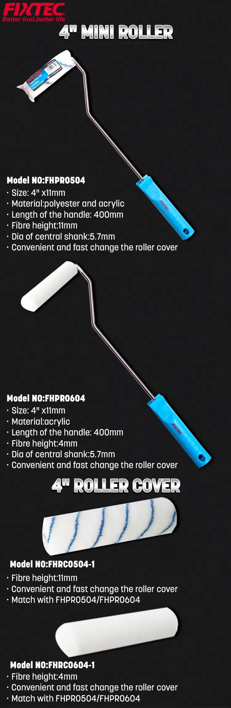 4-inch mini roller and cover set with specifications on a black background