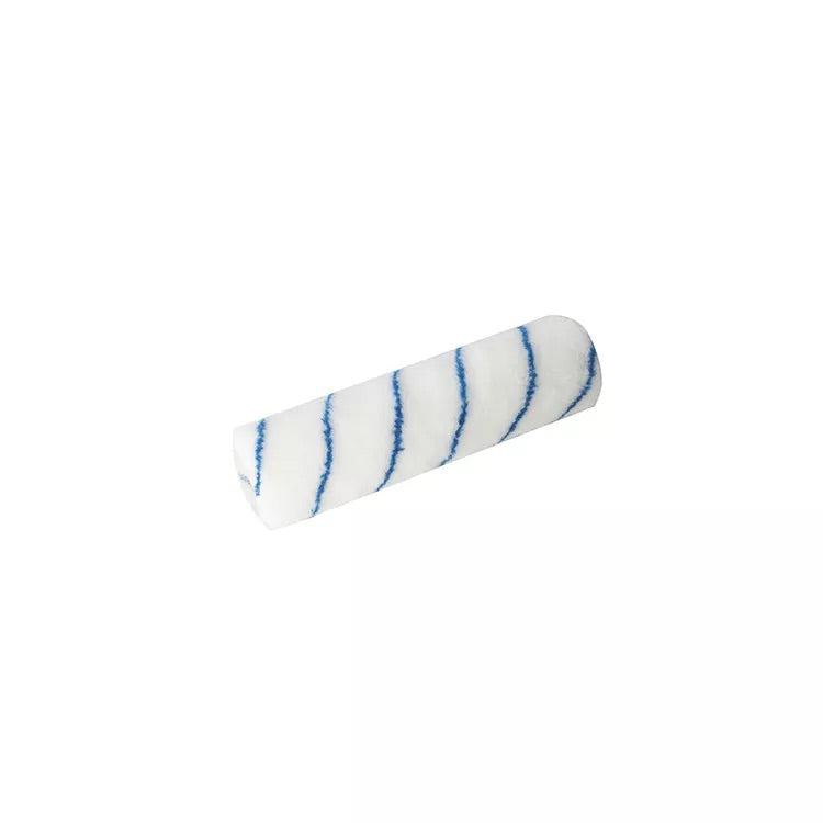 Paint roller with white handle and blue stripes on a white background