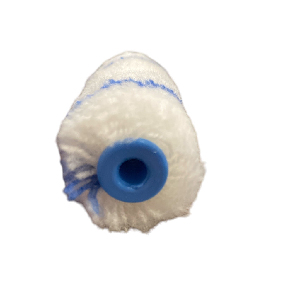 Paint roller with white sleeve and blue handle on a white background