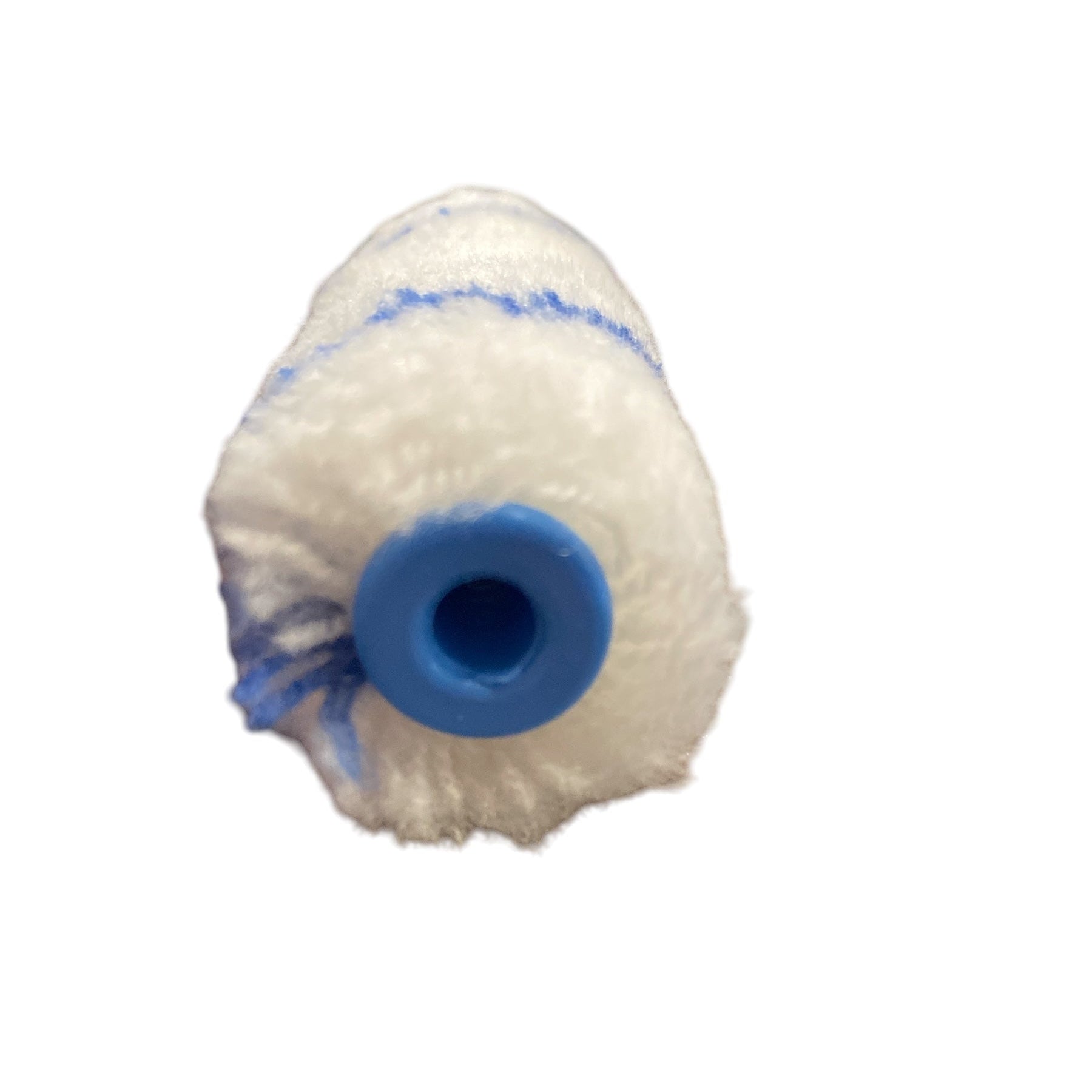 Paint roller with white sleeve and blue handle on a white background
