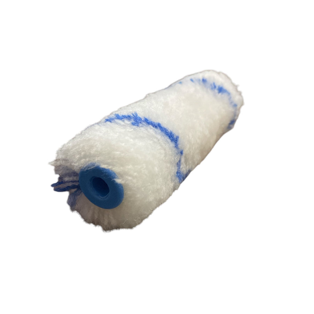 Paint roller with white sleeve and blue handle on a white background