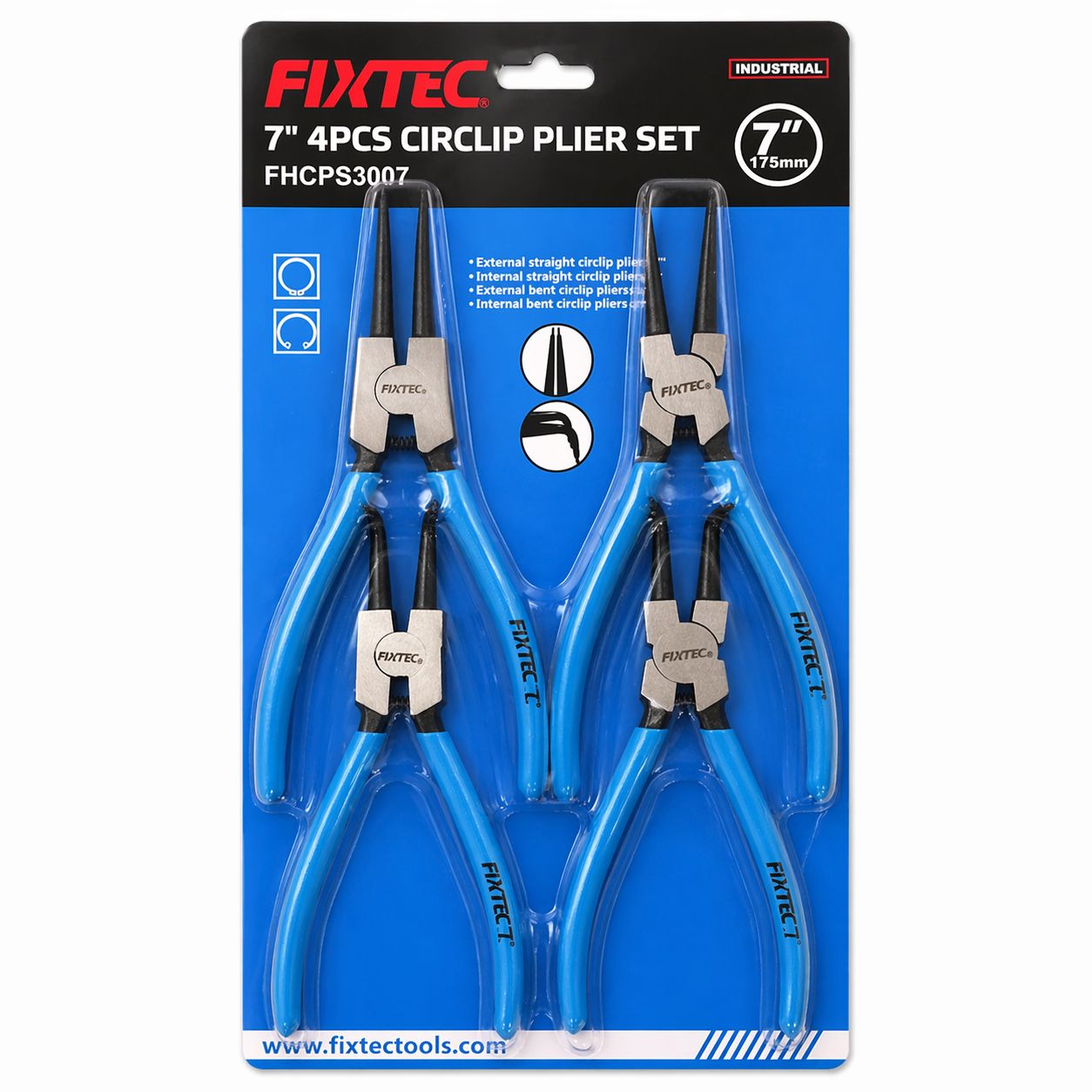 Packaged set of Fixtec 7-inch circlip pliers on a blue background
