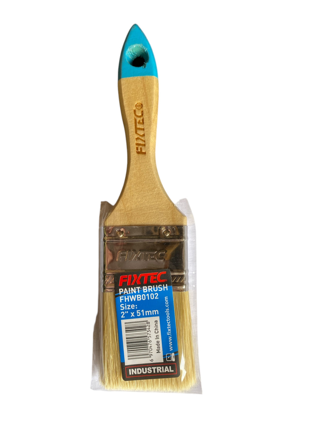 Paint brush with wooden handle and blue ferrule, branded 'Fixtec', in packaging on a white background