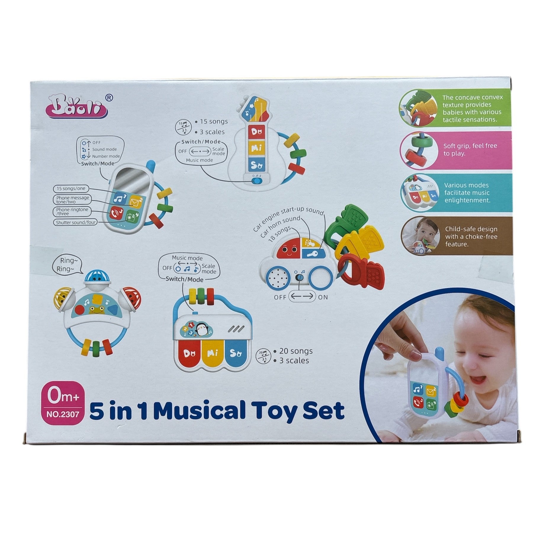 Box of a 5-in-1 Musical Toy Set with colorful illustrations and text.