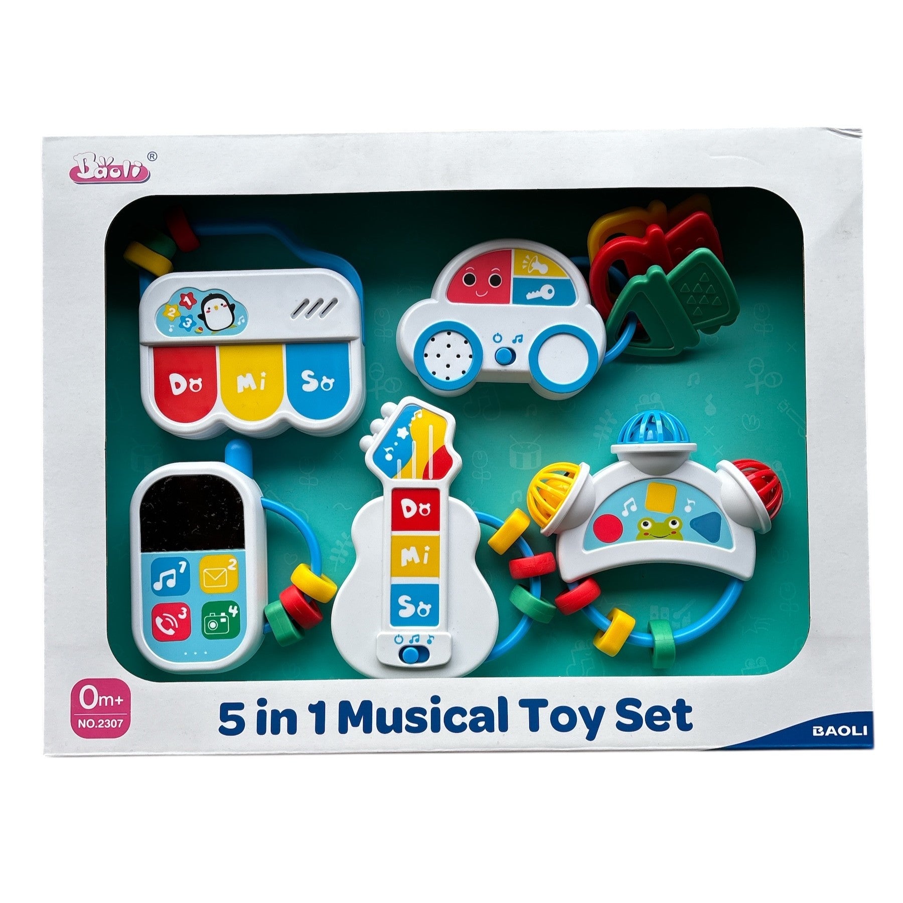 Box of 5 in 1 Musical Toy Set with colorful toys on a white background
