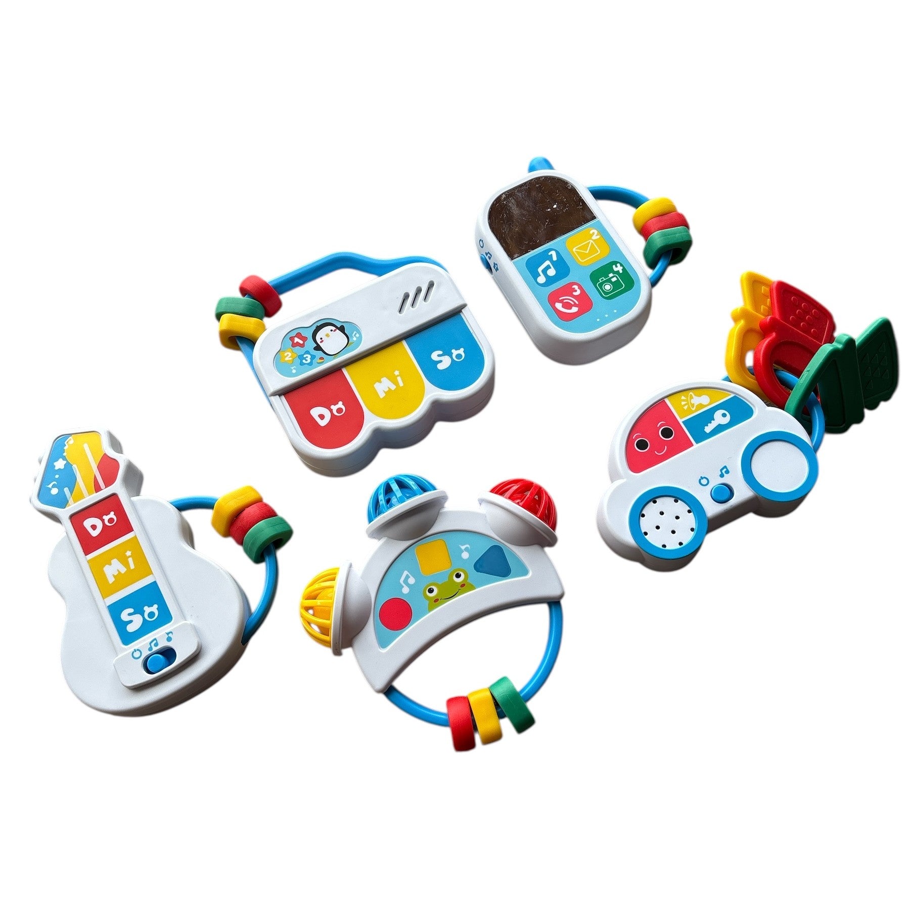 Set of colorful children's toy cars on a white background