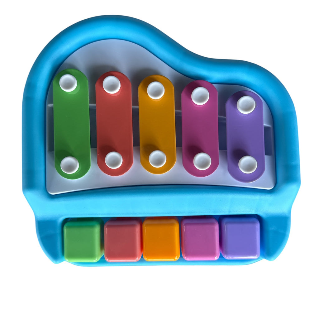 Colorful toy piano with blue frame on a white background