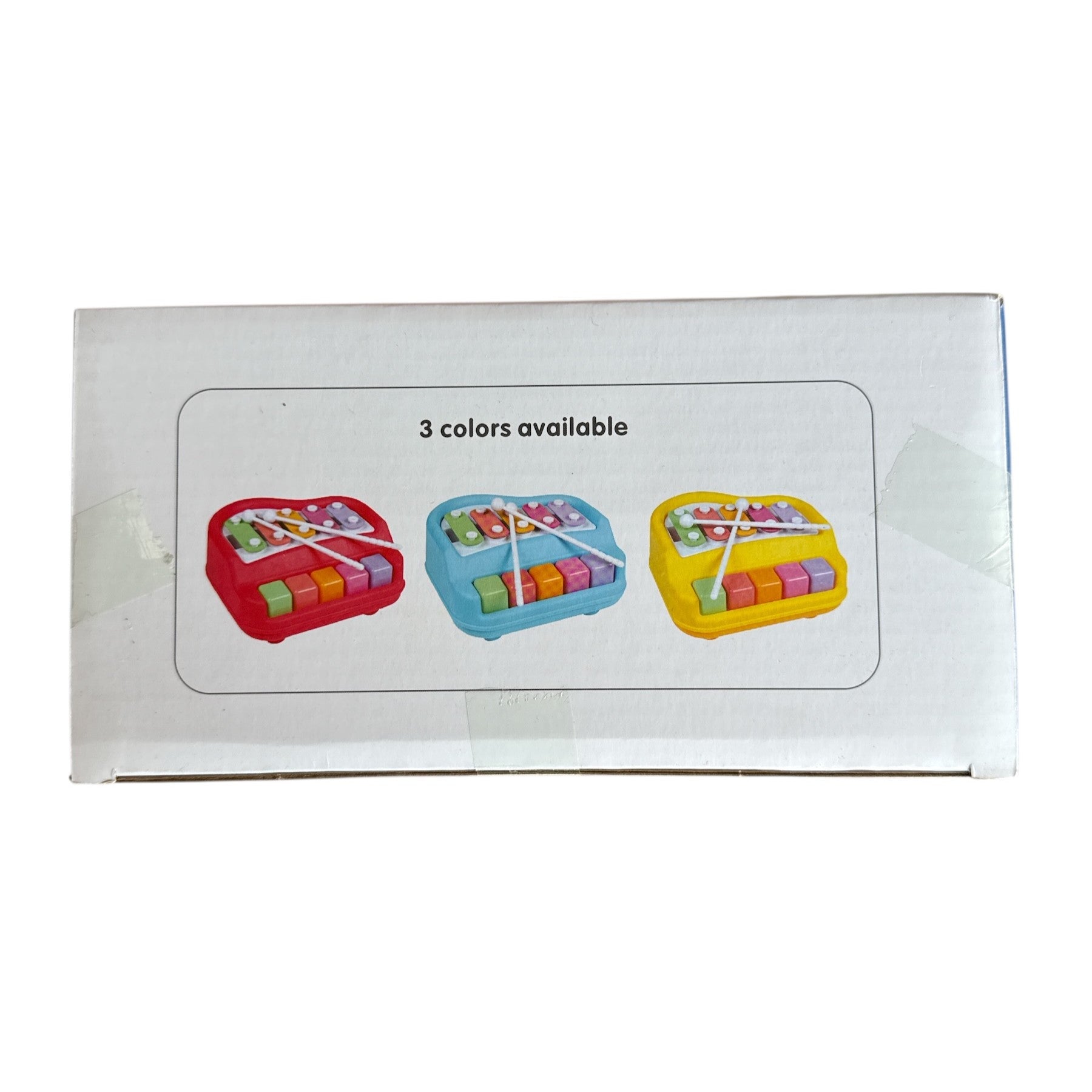 Product packaging with colorful items and text indicating three color options on a white background.