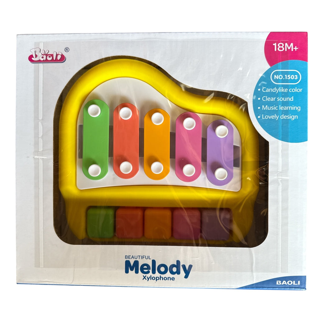 Colorful xylophone toy in packaging with BAO LI branding