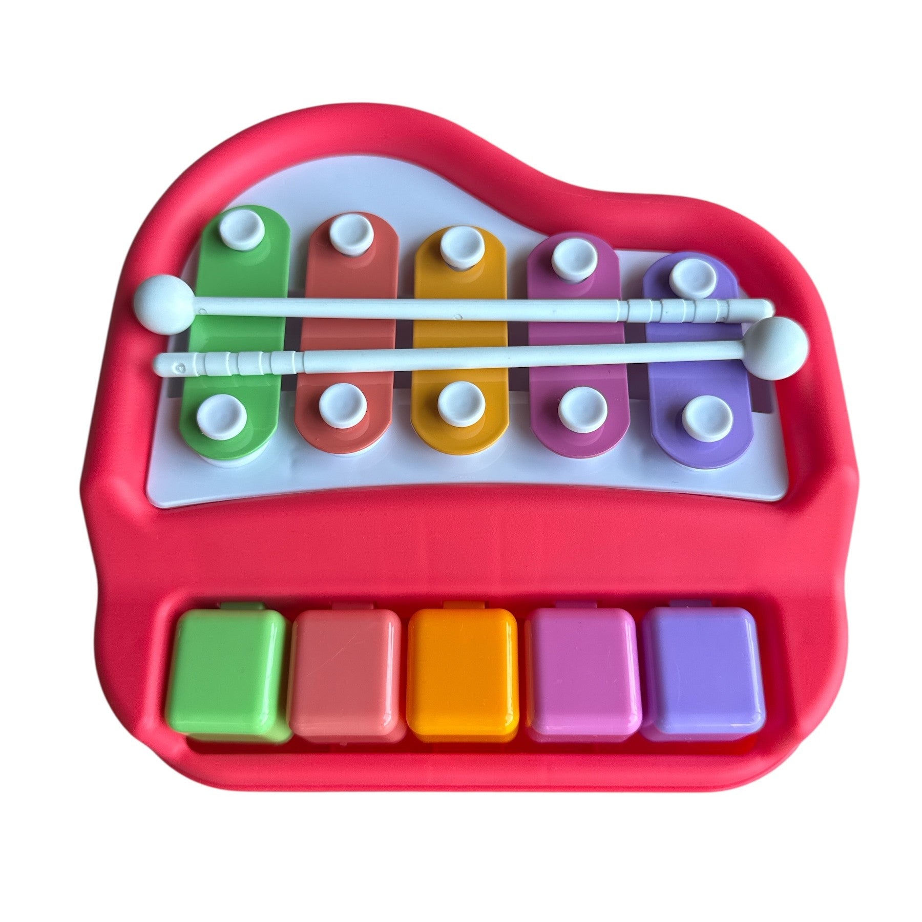 Colorful toy piano with xylophone-like top on a white background