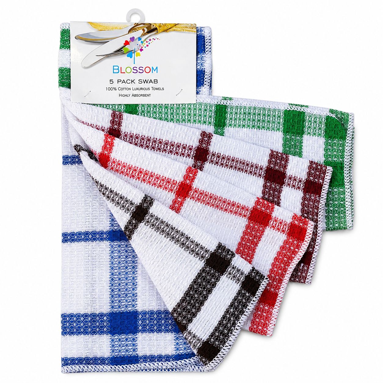 Set of patterned towels with a 'Blossom' brand label on a white background