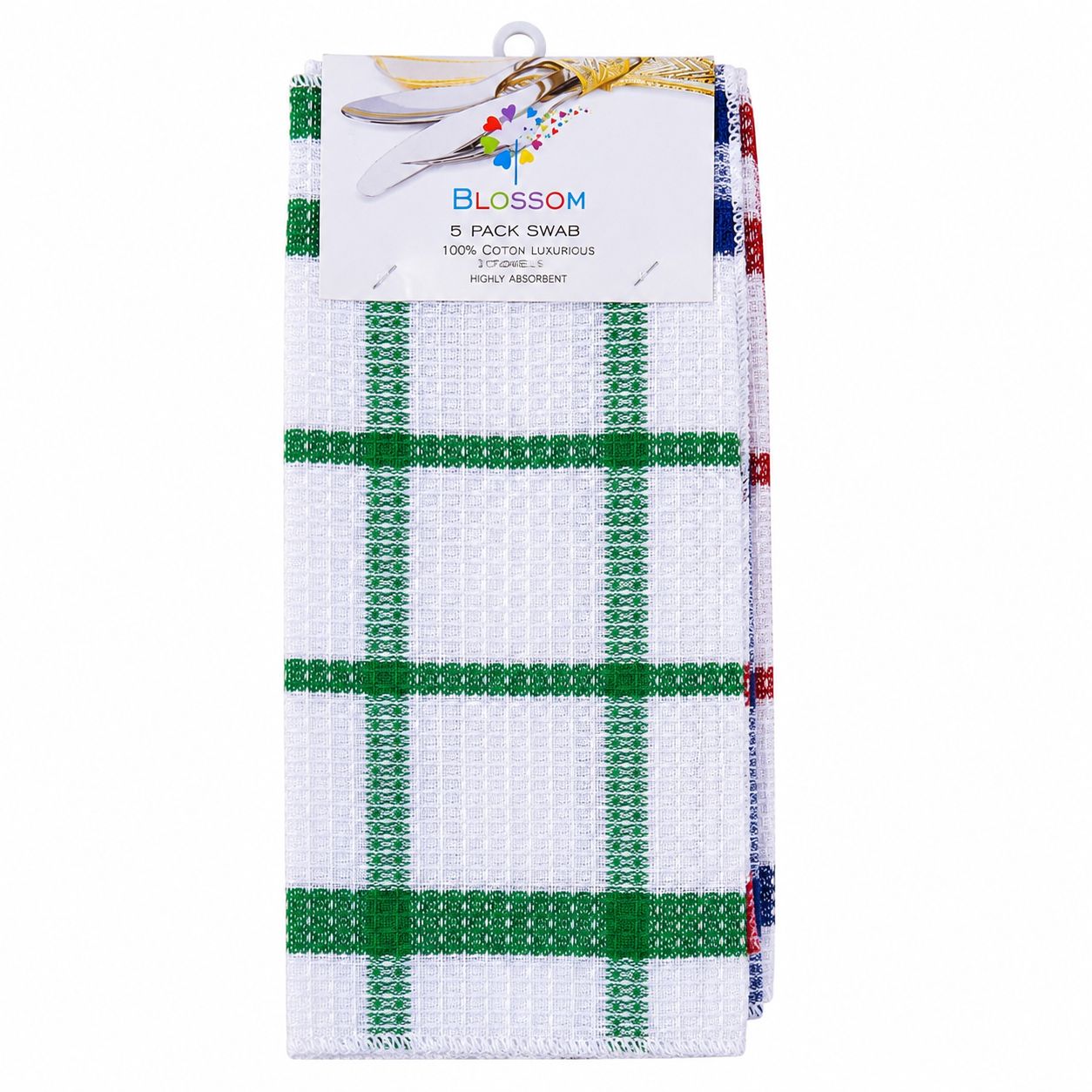 Packaged green and white checkered towel with 'Blossom' branding on a white background