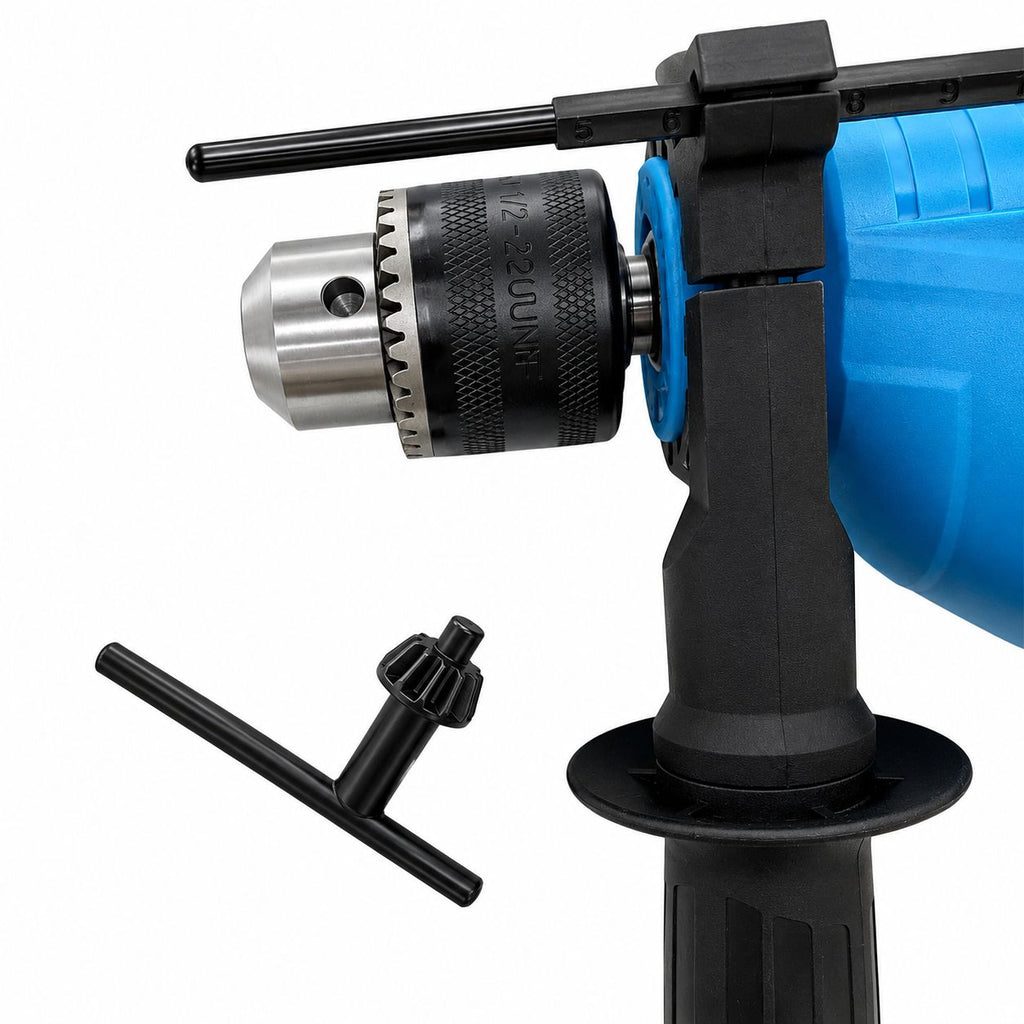 Blue and black drill with drill bit on a white background